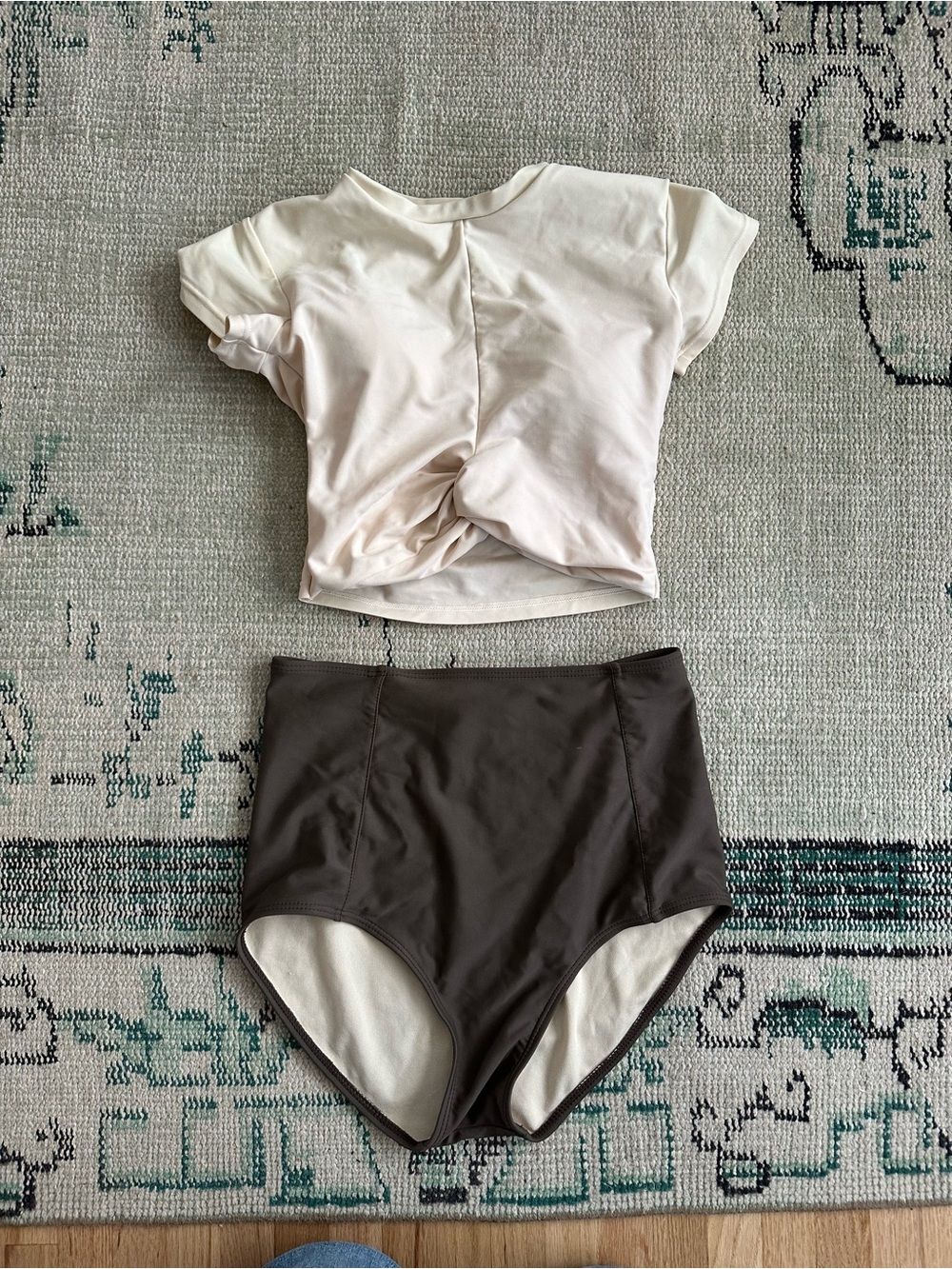 Korean Swim Set - Cream Top and Chocolate Brown High Waisted Bottoms